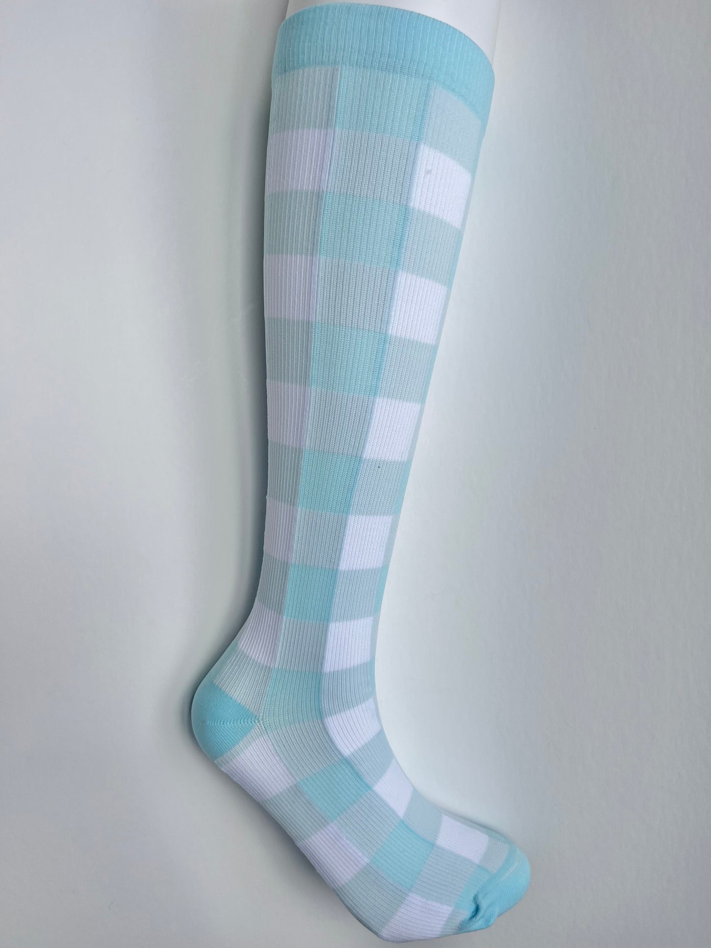 The Maggie Sock- Gingham Compression Socks - 15-20mmhg Compression for Travel, Work, and Fitness - Blue Gingham