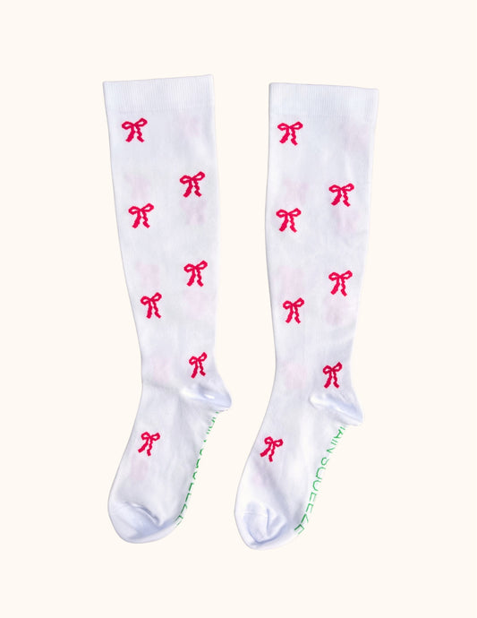 The Shea Sock – Cute Compression Socks| White with Pink Bows | 15-20 mmHg Support