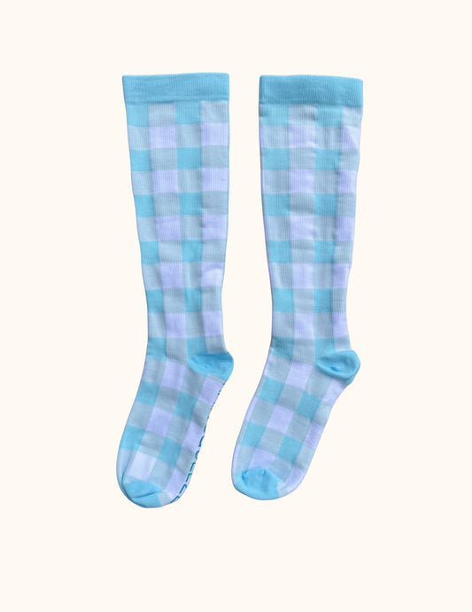 The Maggie Sock- Gingham Compression Socks - 15-20mmhg Compression for Travel, Work, and Fitness - Blue Gingham