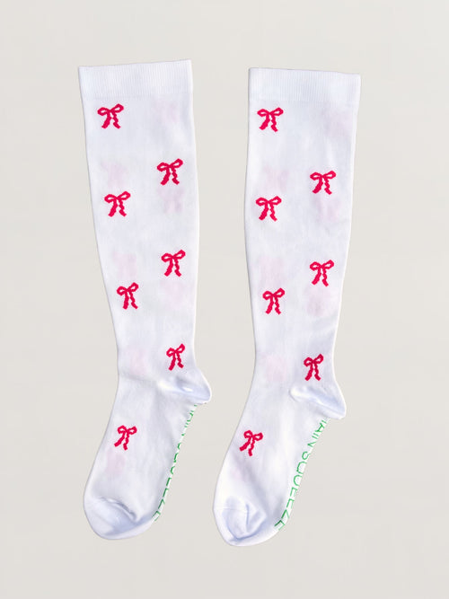 The Shea Sock – Cute Compression Socks| White with Pink Bows | 15-20 mmHg Support
