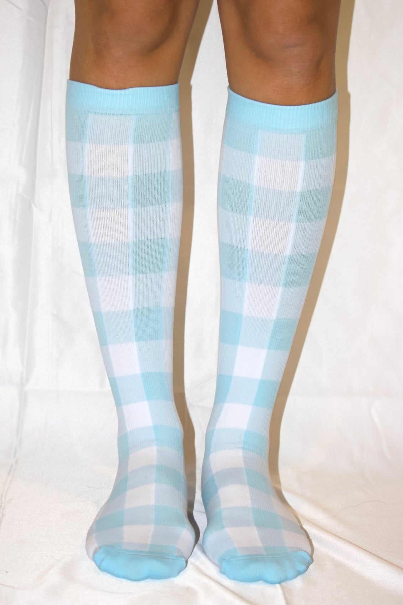 The Maggie Sock- Gingham Compression Socks - 15-20mmhg Compression for Travel, Work, and Fitness - Blue Gingham