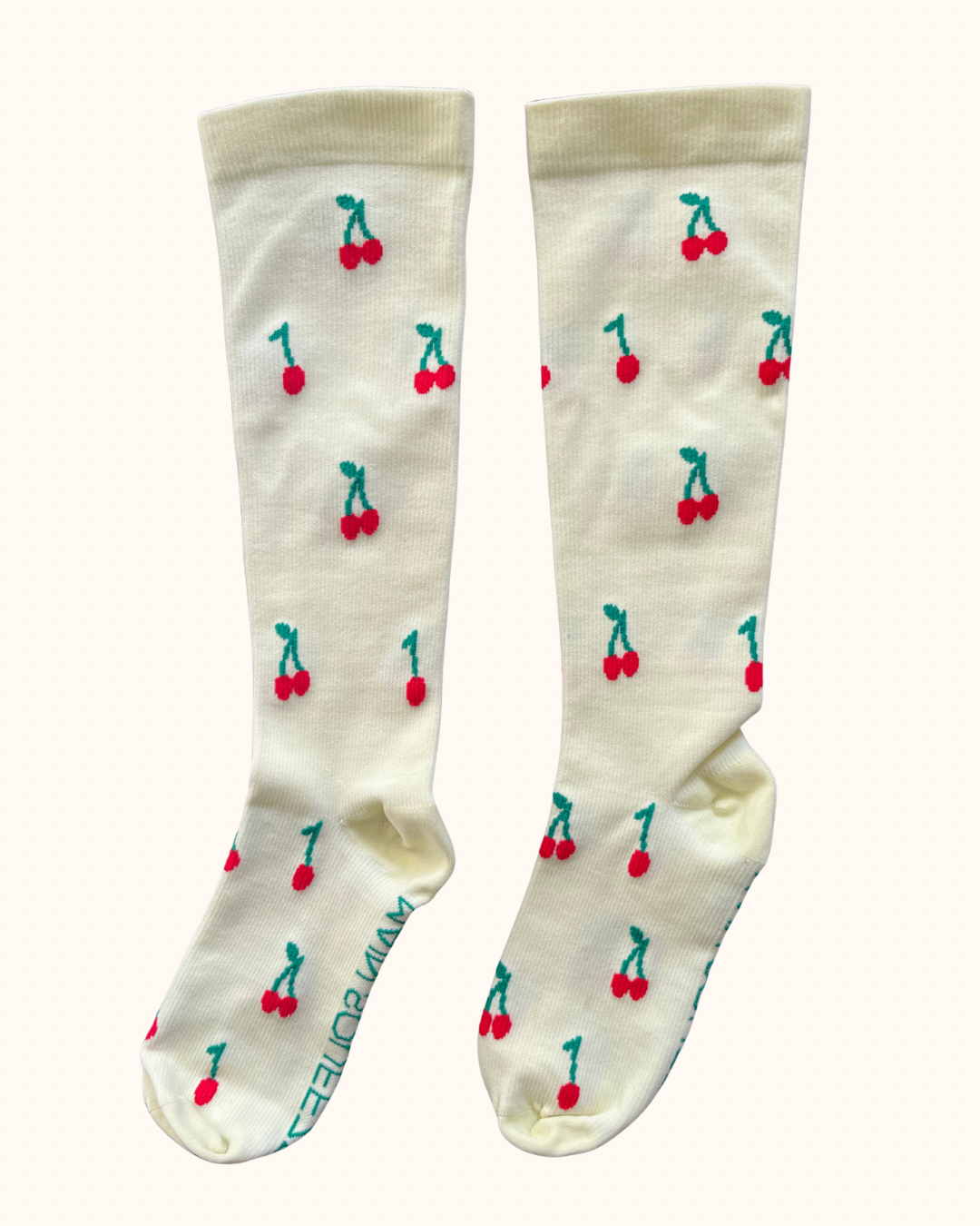The Kate Sock – Cherry Compression Socks – 15–20 mmHg Compression for Travel, Work, and Fitness – Pale Yellow Cherry Print